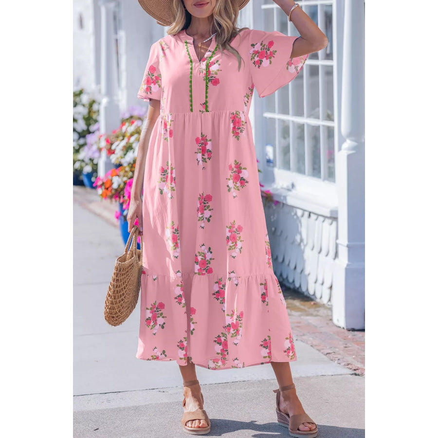 Notched Neck Flutter Short Sleeve Floral Print Dress Dusty Pink / S Apparel and Accessories