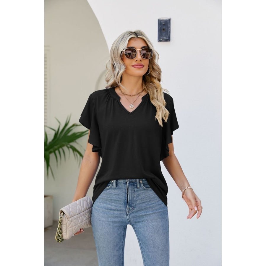 Notched Neck Flutter Sleeve Tee Black / S