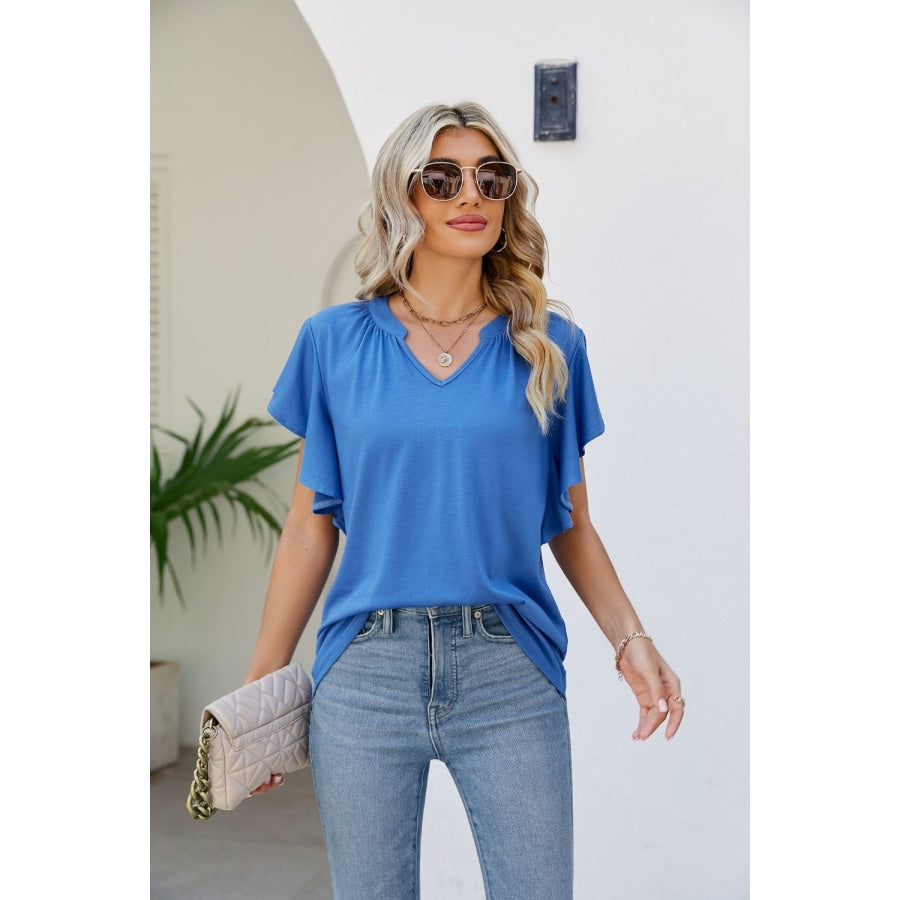 Notched Neck Flutter Sleeve Tee Cobalt Blue / S