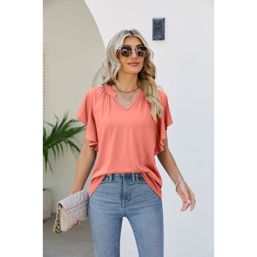 Notched Neck Flutter Sleeve Tee Coral / S