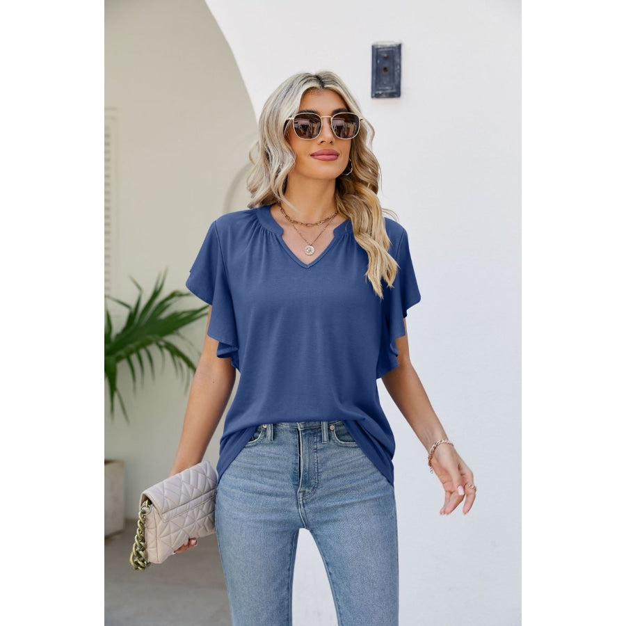 Notched Neck Flutter Sleeve Tee Dusty Blue / S