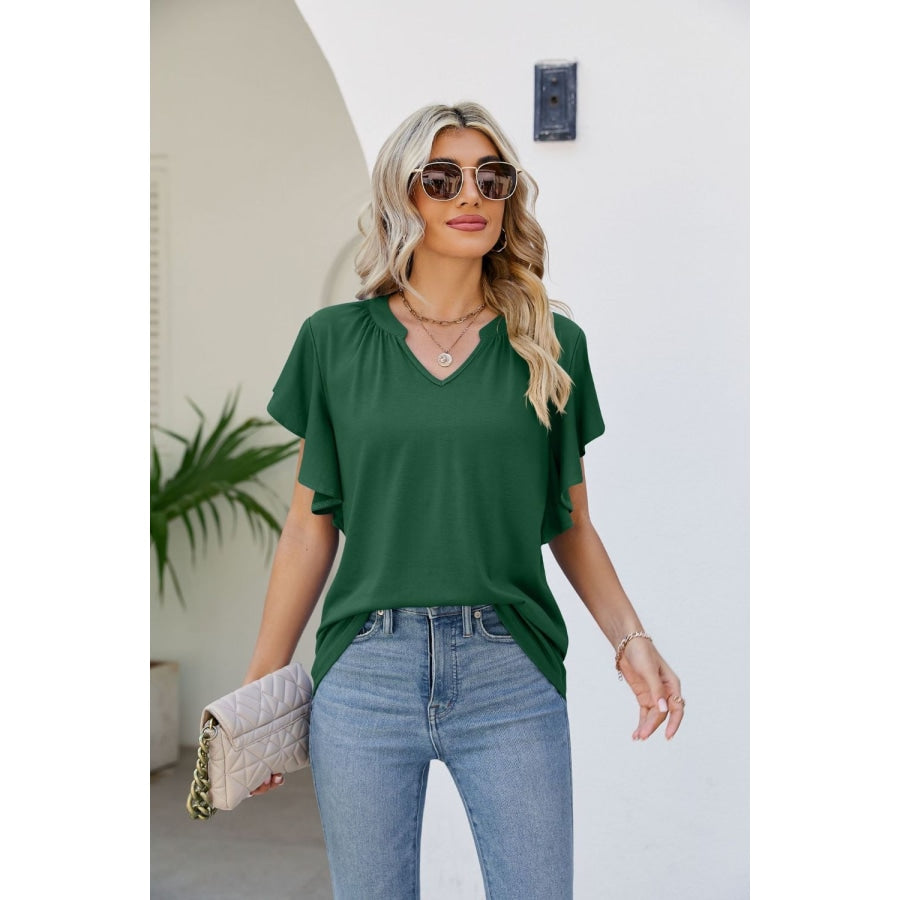 Notched Neck Flutter Sleeve Tee Forest / S