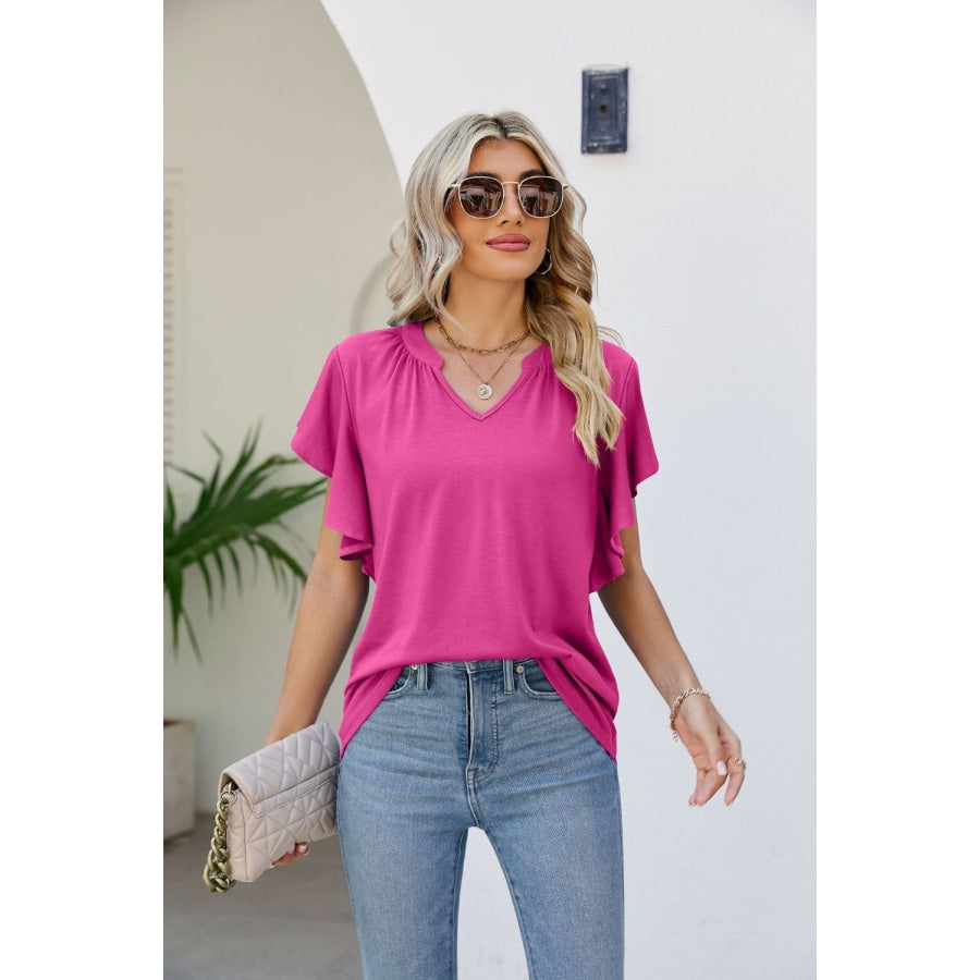 Notched Neck Flutter Sleeve Tee Hot Pink / S