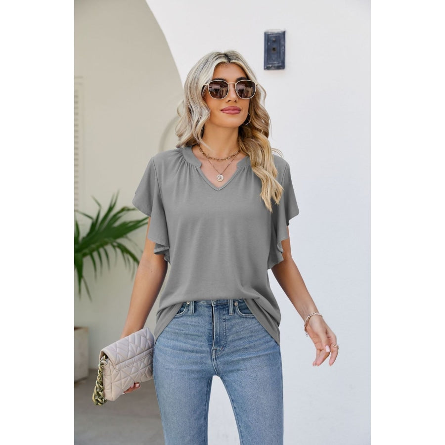 Notched Neck Flutter Sleeve Tee Mid Gray / S