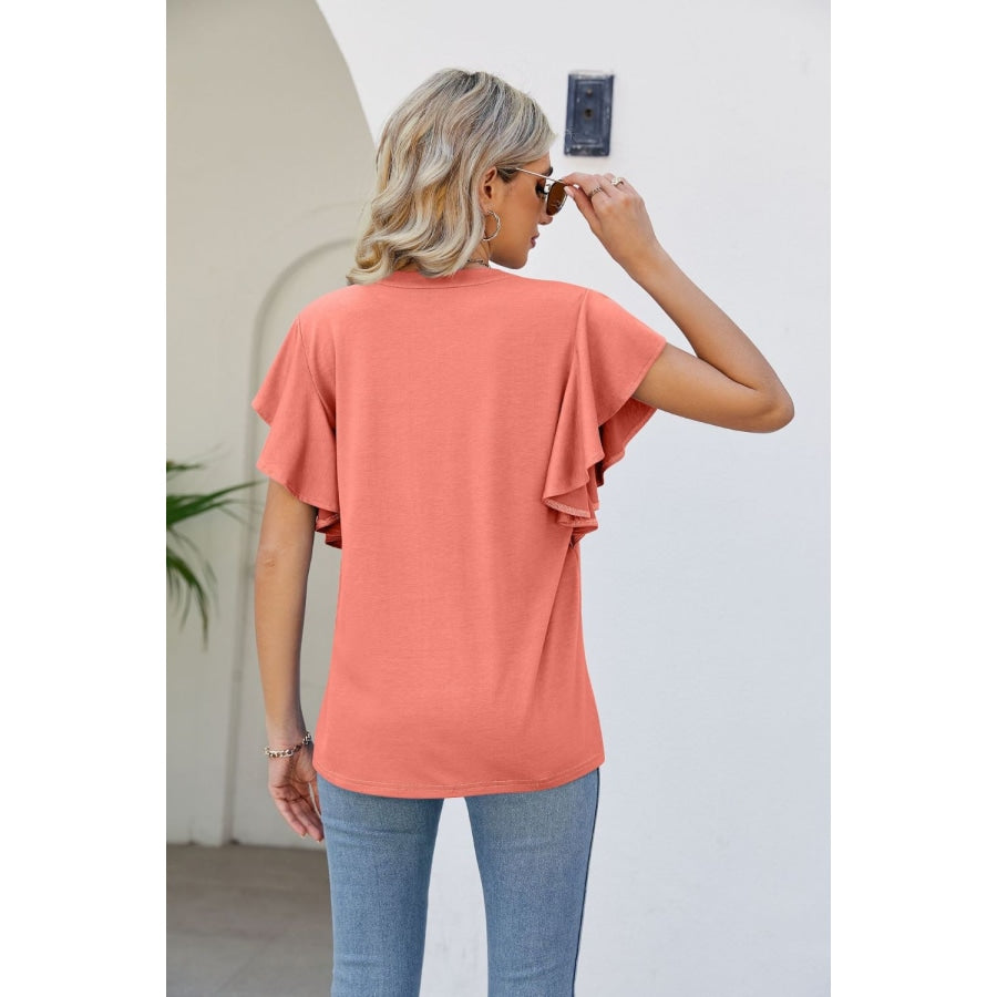 Notched Neck Flutter Sleeve Tee