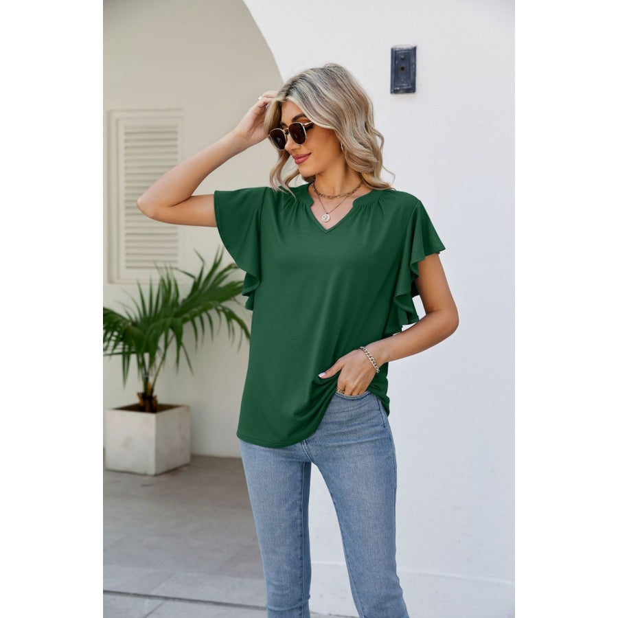 Notched Neck Flutter Sleeve Tee