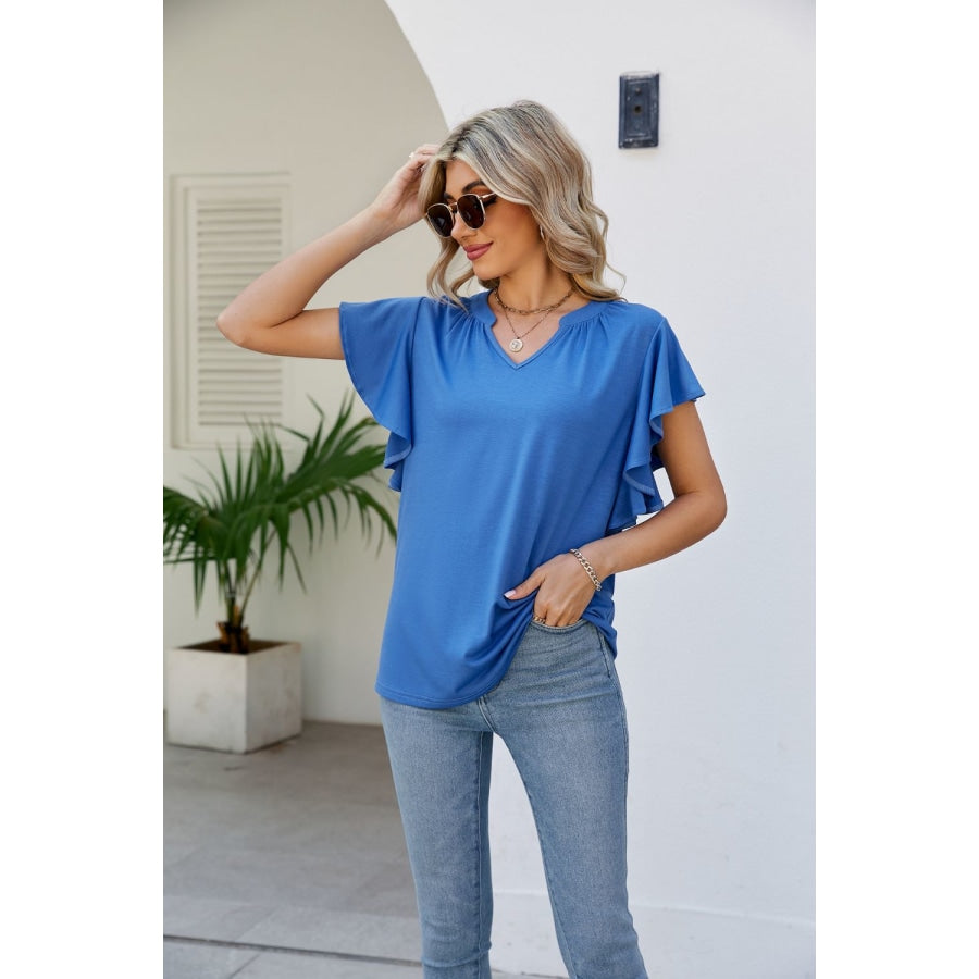 Notched Neck Flutter Sleeve Tee