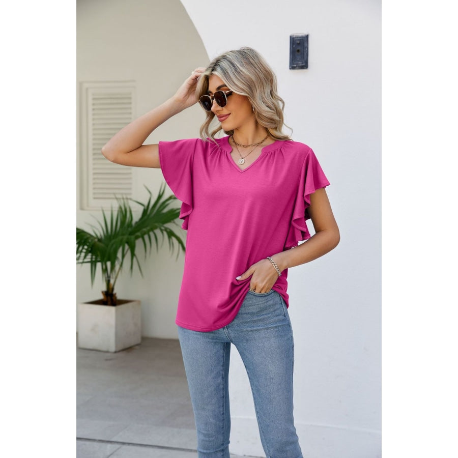 Notched Neck Flutter Sleeve Tee