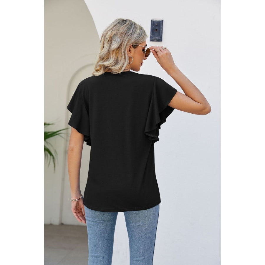 Notched Neck Flutter Sleeve Tee