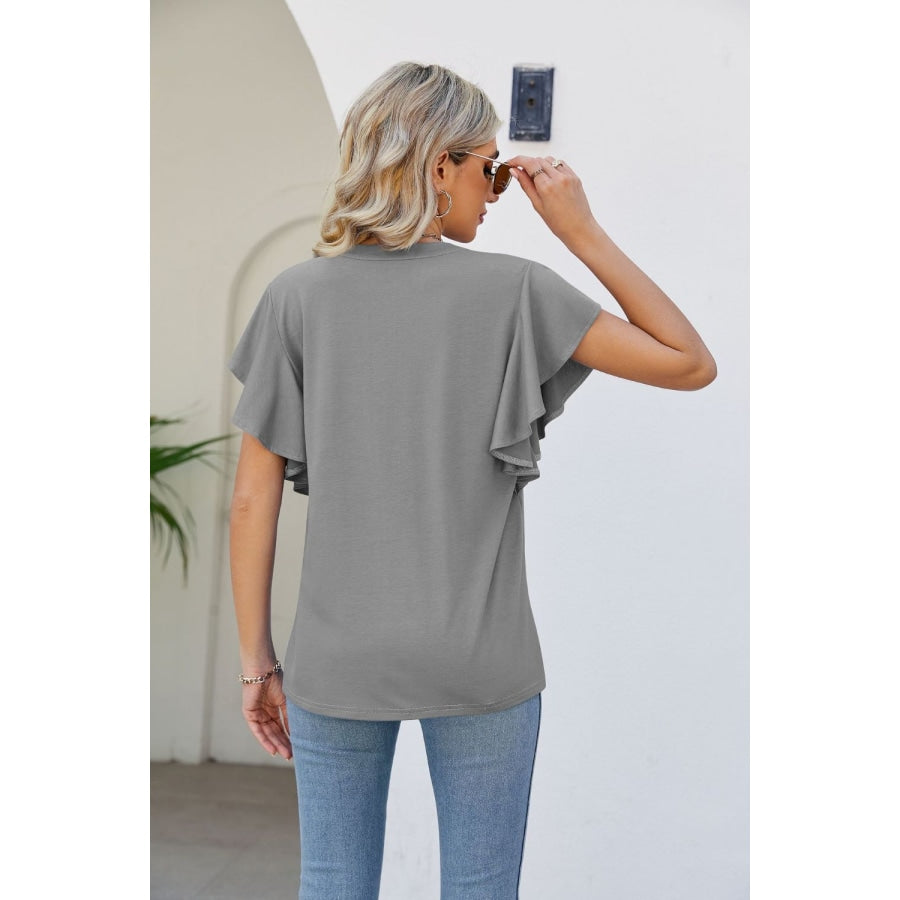 Notched Neck Flutter Sleeve Tee