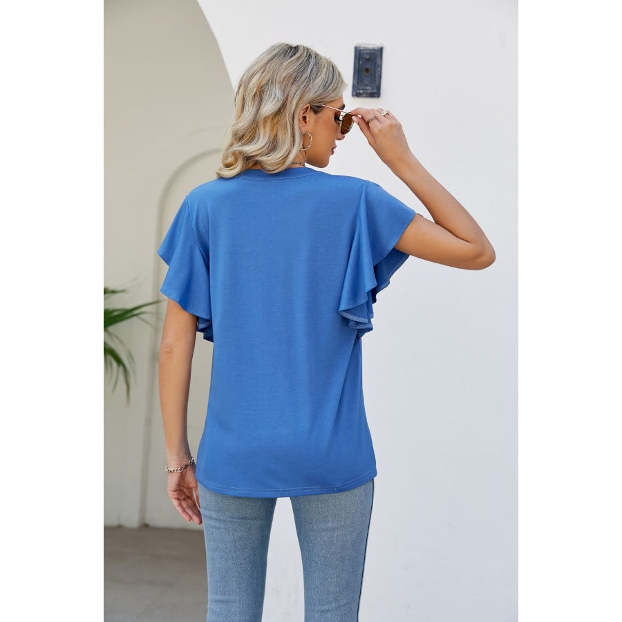 Notched Neck Flutter Sleeve Tee