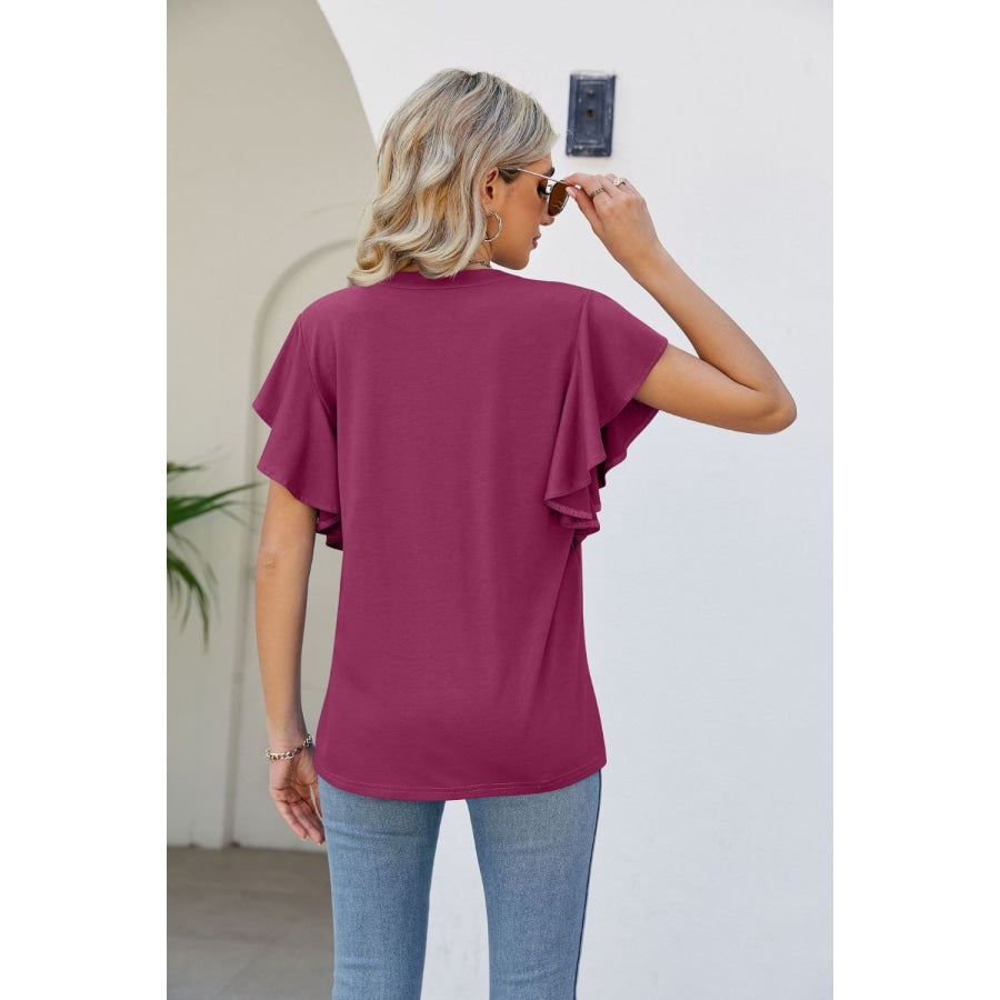 Notched Neck Flutter Sleeve Tee