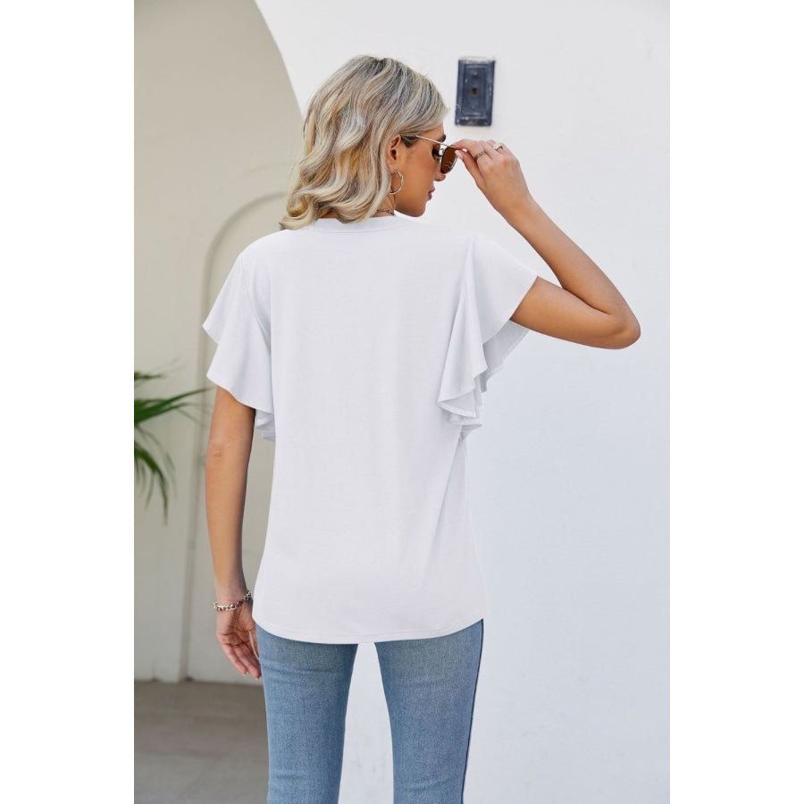 Notched Neck Flutter Sleeve Tee