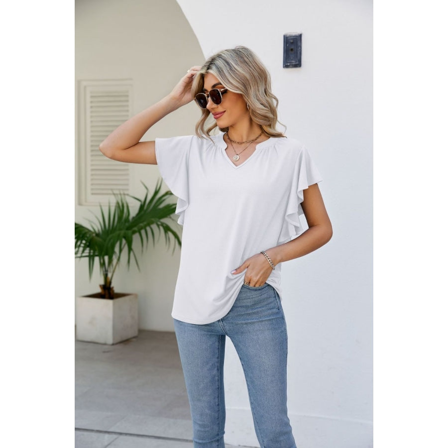 Notched Neck Flutter Sleeve Tee