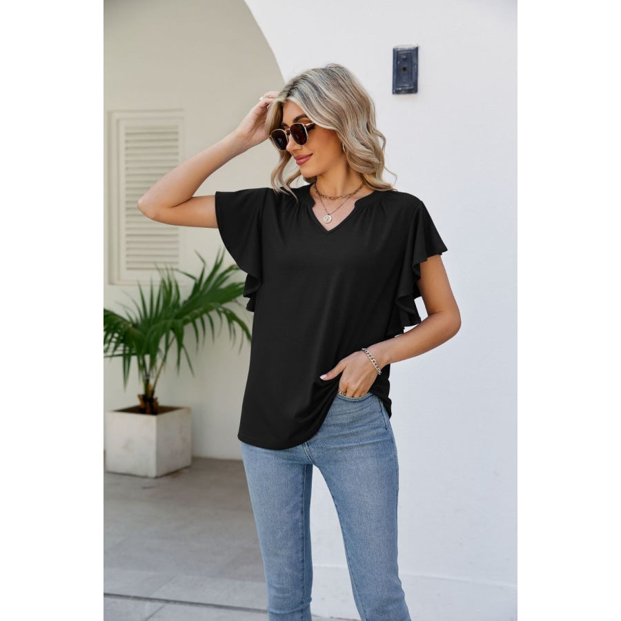 Notched Neck Flutter Sleeve Tee