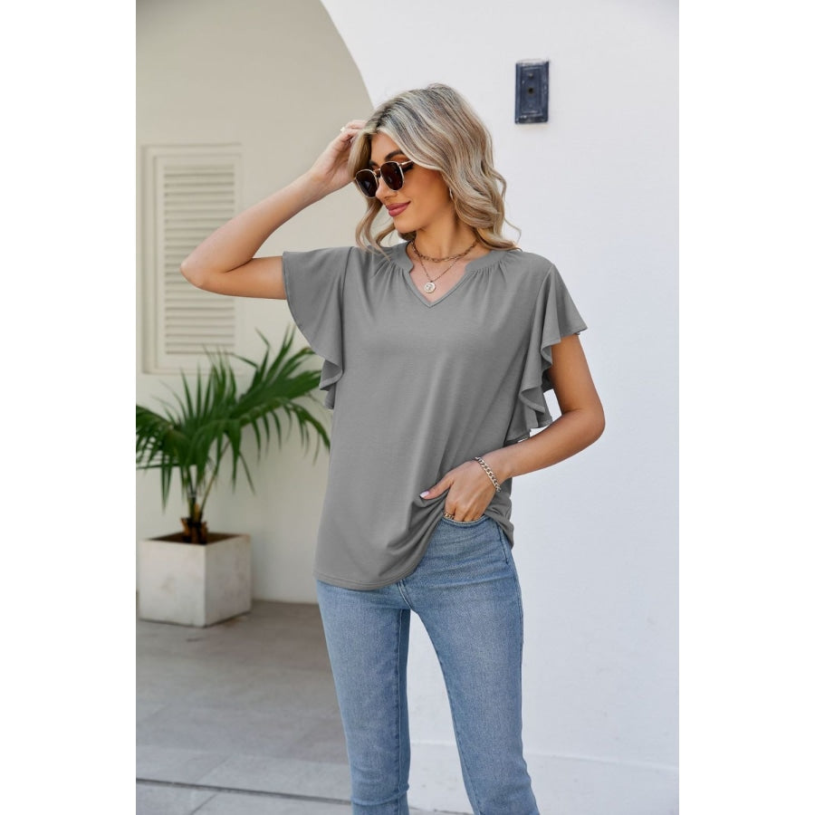 Notched Neck Flutter Sleeve Tee