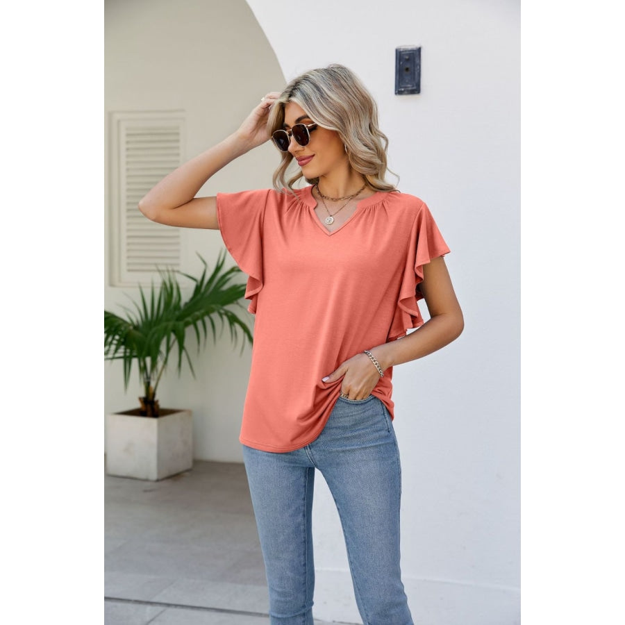 Notched Neck Flutter Sleeve Tee