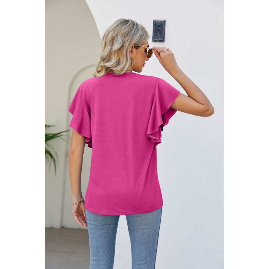 Notched Neck Flutter Sleeve Tee