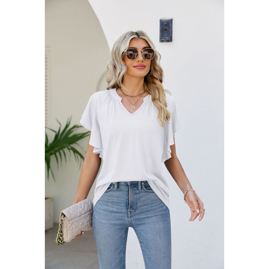 Notched Neck Flutter Sleeve Tee White / S