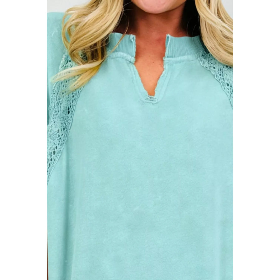 Notched Neck Lace Patchwork Detail Mineral Wash Tee Apparel and Accessories