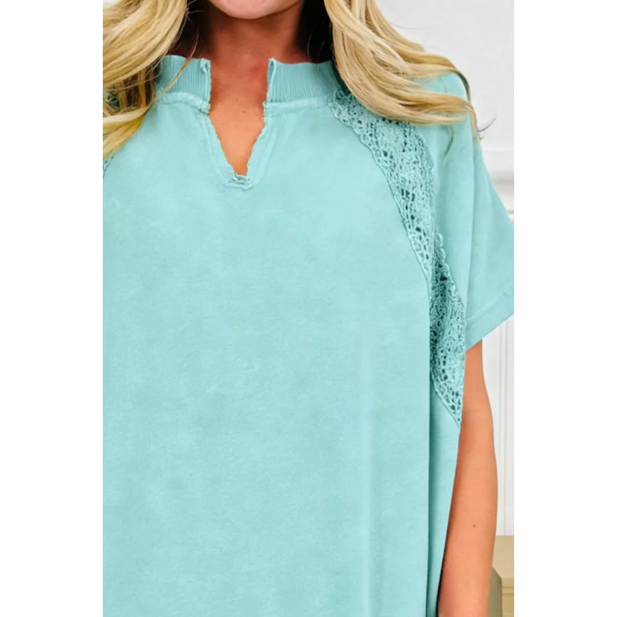 Notched Neck Lace Patchwork Detail Mineral Wash Tee Apparel and Accessories