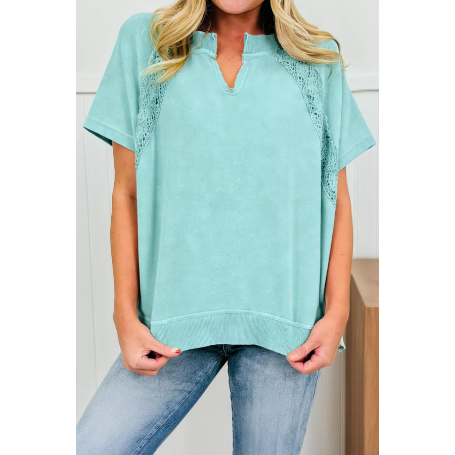 Notched Neck Lace Patchwork Detail Mineral Wash Tee Mint Blue / S Apparel and Accessories