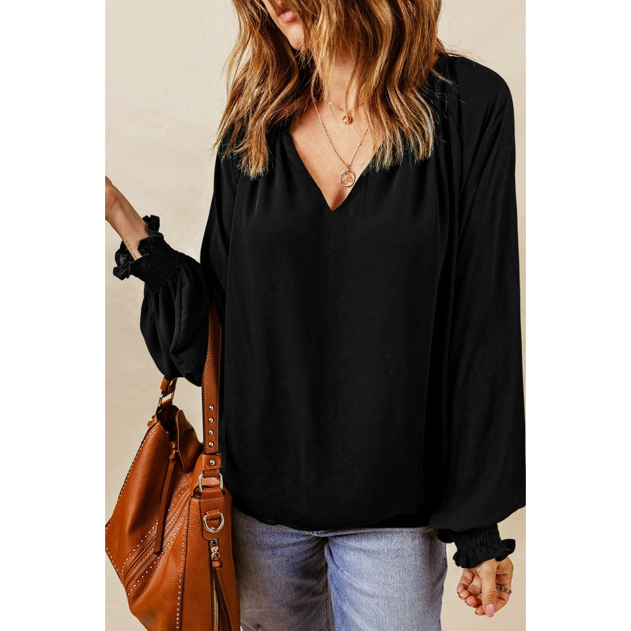 Notched Neck Lantern Sleeve Blouse Black / S