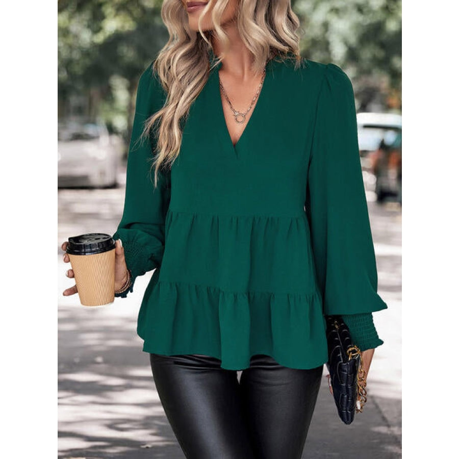 Notched Neck Lantern Sleeve Blouse Clothing