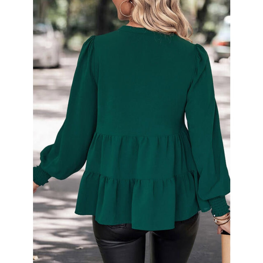 Notched Neck Lantern Sleeve Blouse Clothing