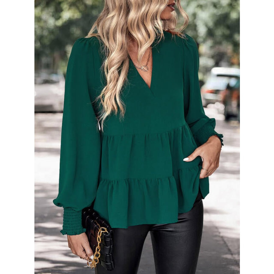 Notched Neck Lantern Sleeve Blouse Clothing