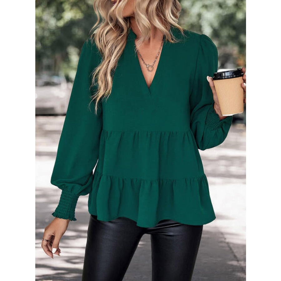 Notched Neck Lantern Sleeve Blouse Green / S Clothing