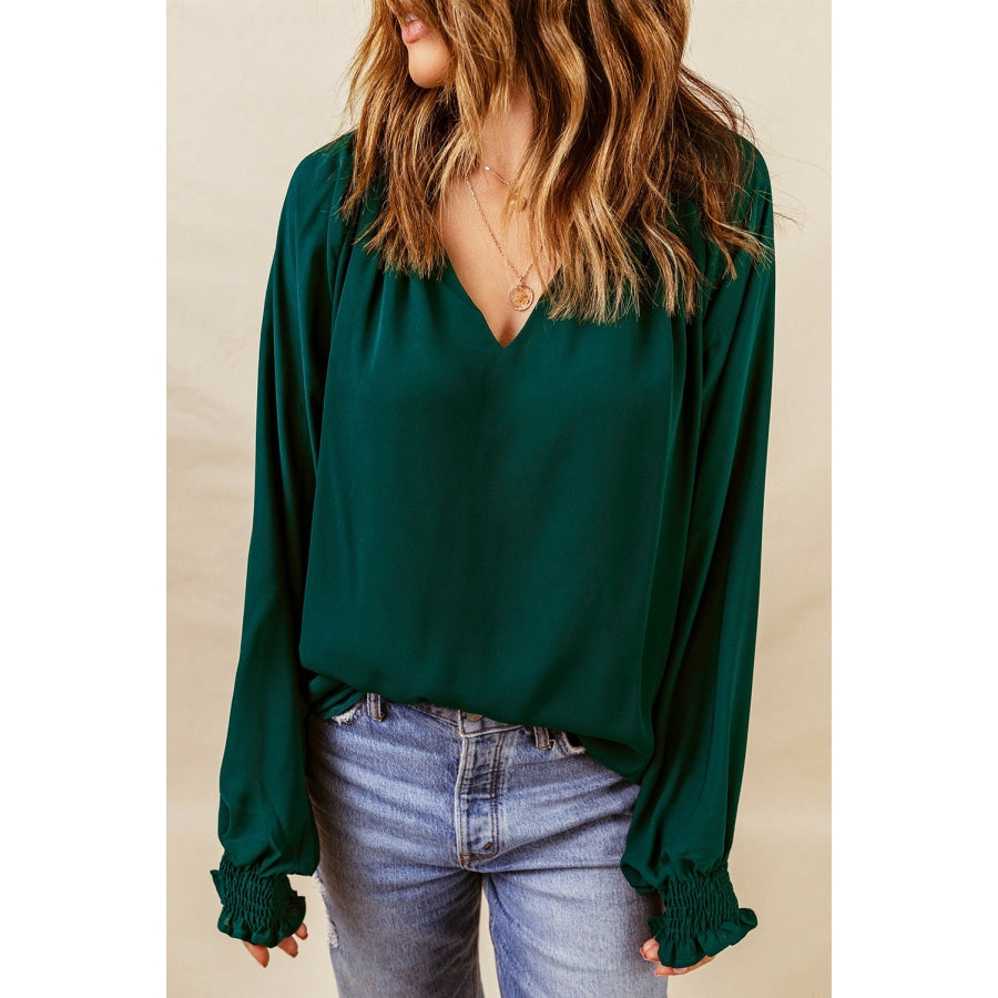 Notched Neck Lantern Sleeve Blouse Green / S