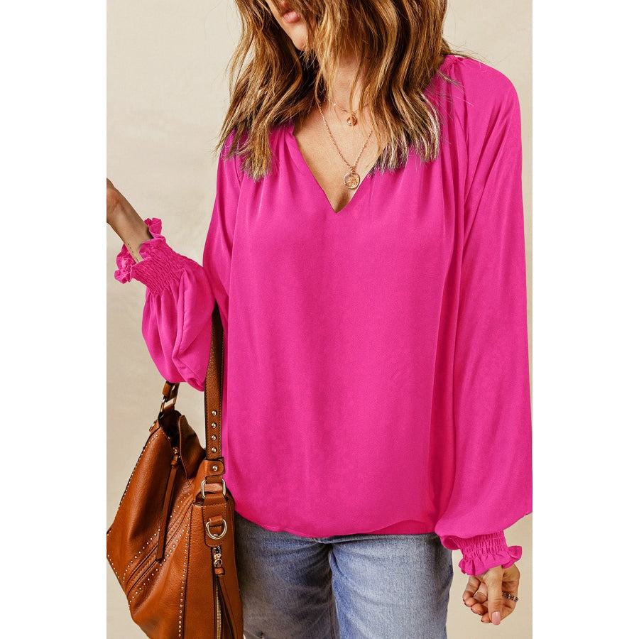 Notched Neck Lantern Sleeve Blouse Hot Pink / S