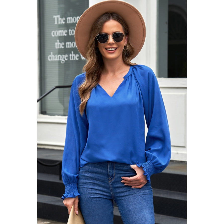 Notched Neck Lantern Sleeve Blouse Royal Blue / S