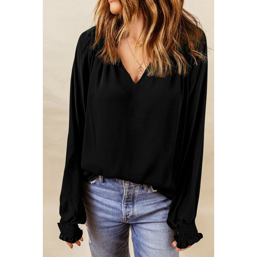 Notched Neck Lantern Sleeve Blouse