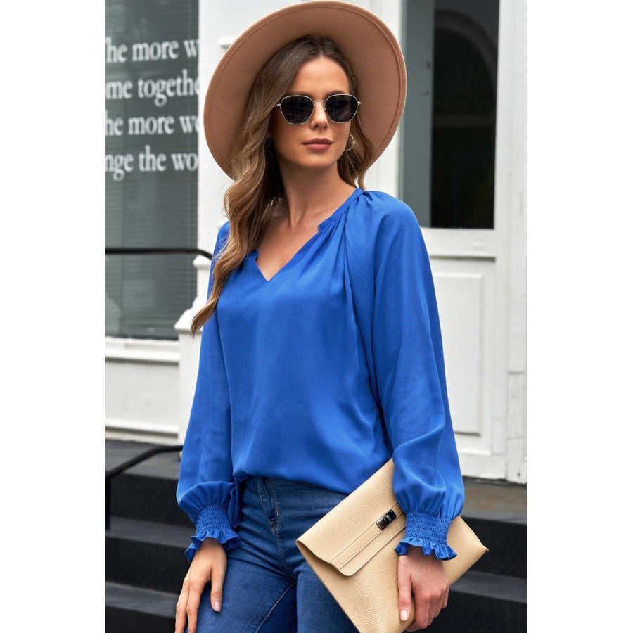 Notched Neck Lantern Sleeve Blouse