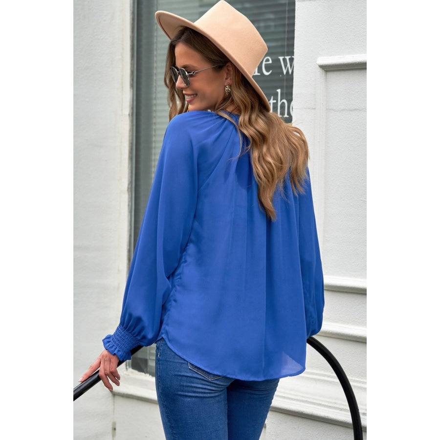 Notched Neck Lantern Sleeve Blouse