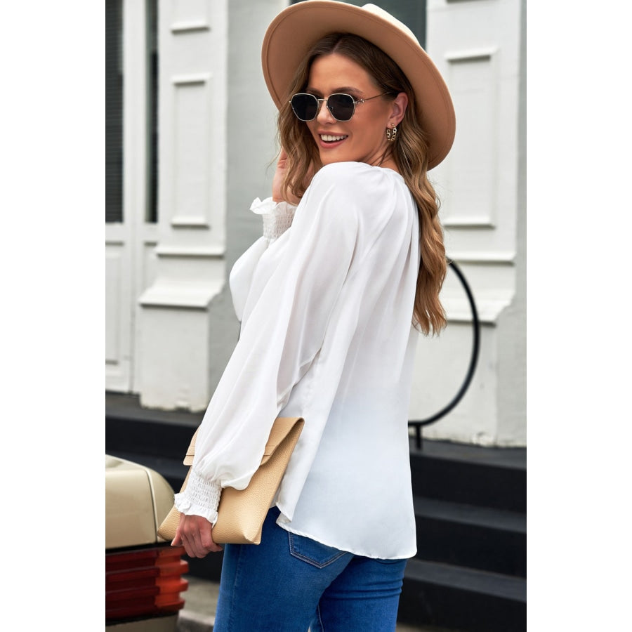 Notched Neck Lantern Sleeve Blouse