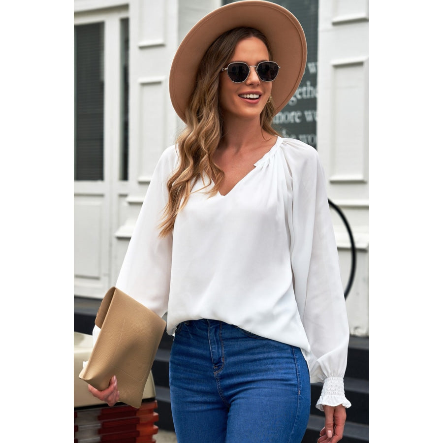 Notched Neck Lantern Sleeve Blouse