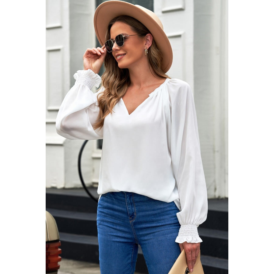 Notched Neck Lantern Sleeve Blouse