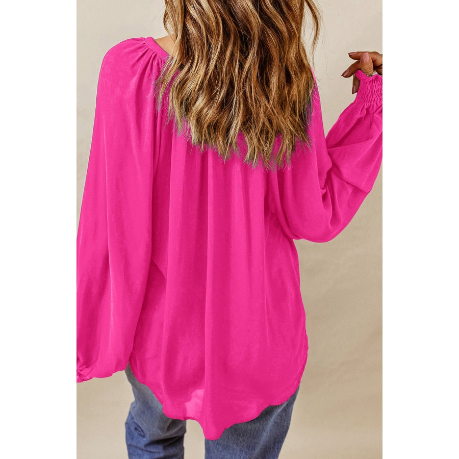 Notched Neck Lantern Sleeve Blouse Hot Pink / S