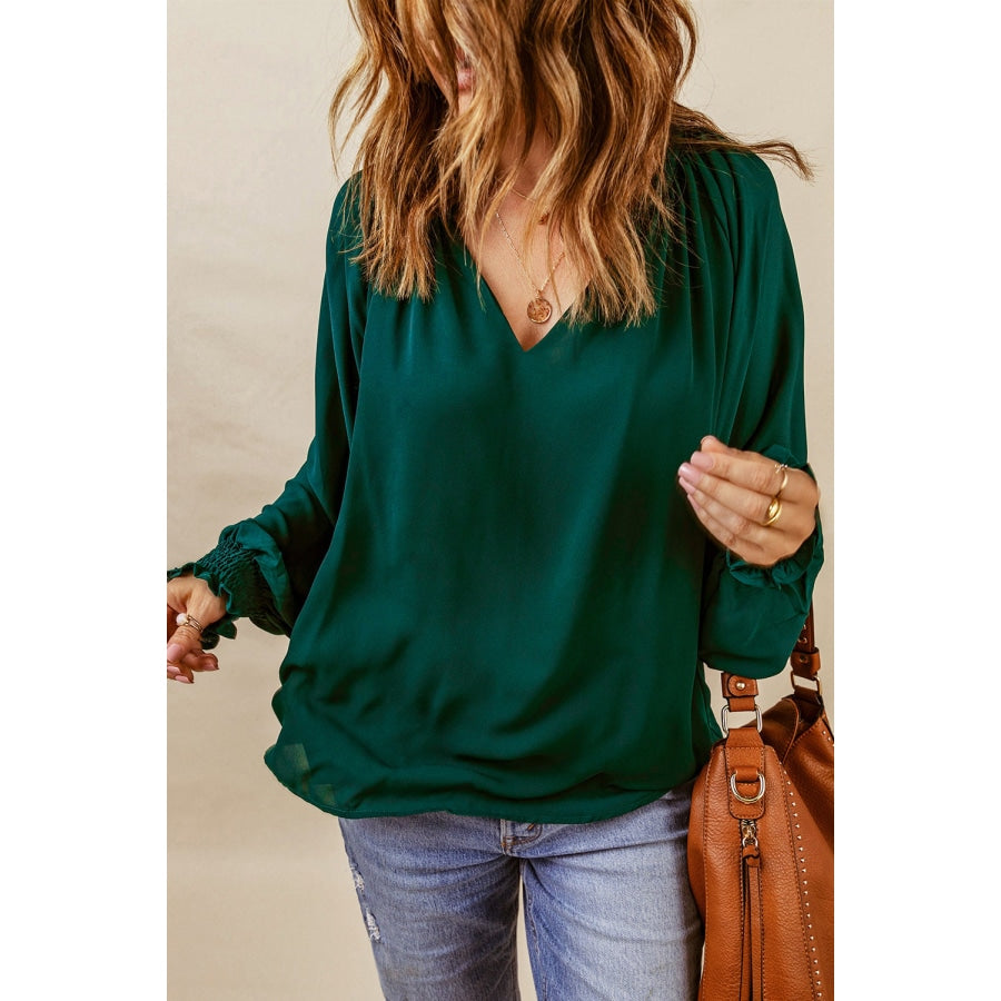 Notched Neck Lantern Sleeve Blouse