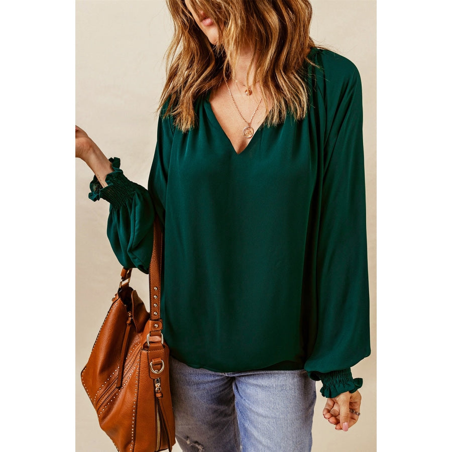 Notched Neck Lantern Sleeve Blouse