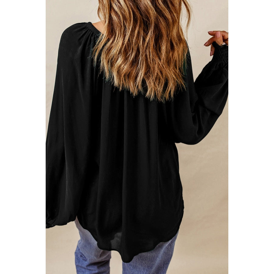 Notched Neck Lantern Sleeve Blouse