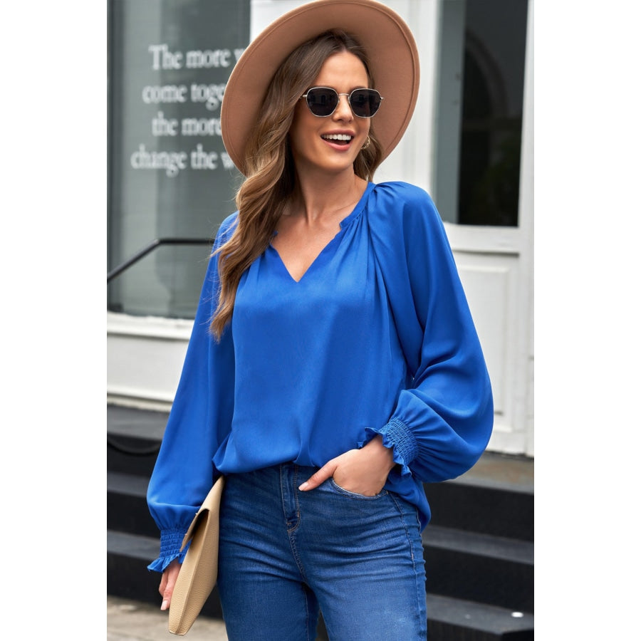 Notched Neck Lantern Sleeve Blouse