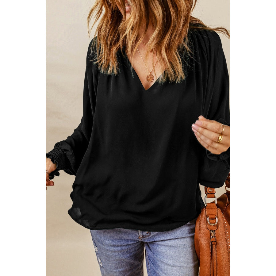 Notched Neck Lantern Sleeve Blouse