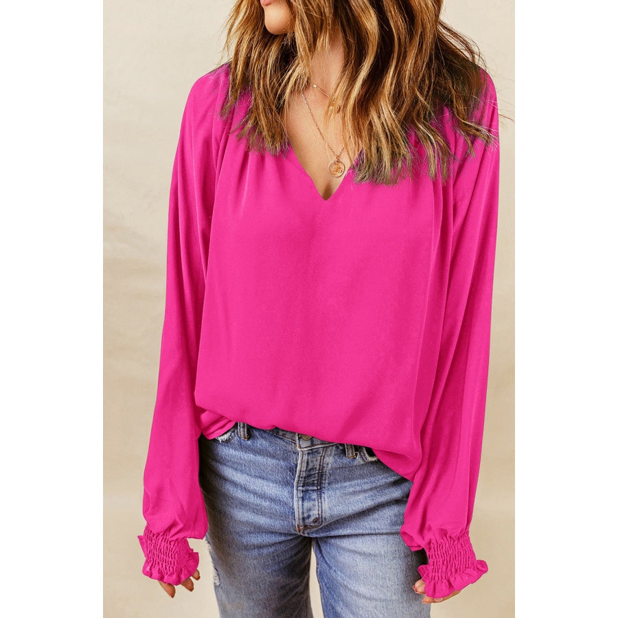 Notched Neck Lantern Sleeve Blouse