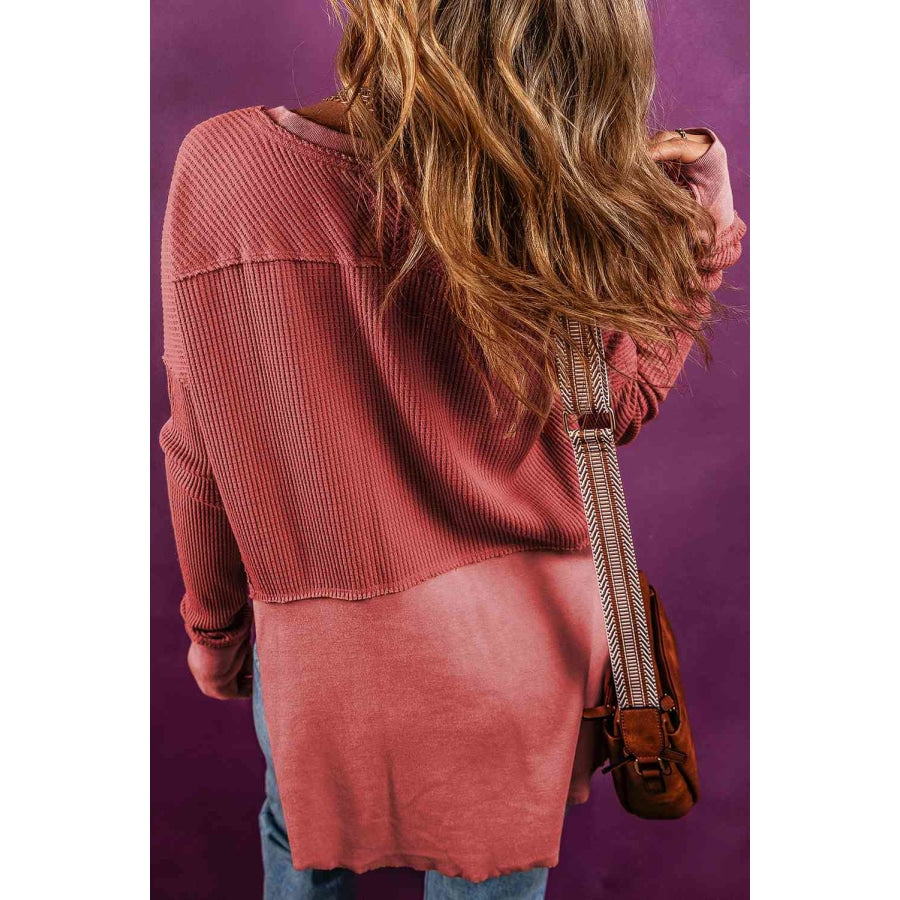 Notched Neck Long Sleeve Slit Blouse