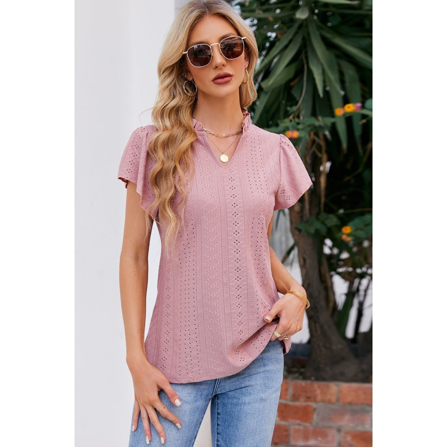 Notched Neck Puff Sleeve Blouse Dusty Pink / S