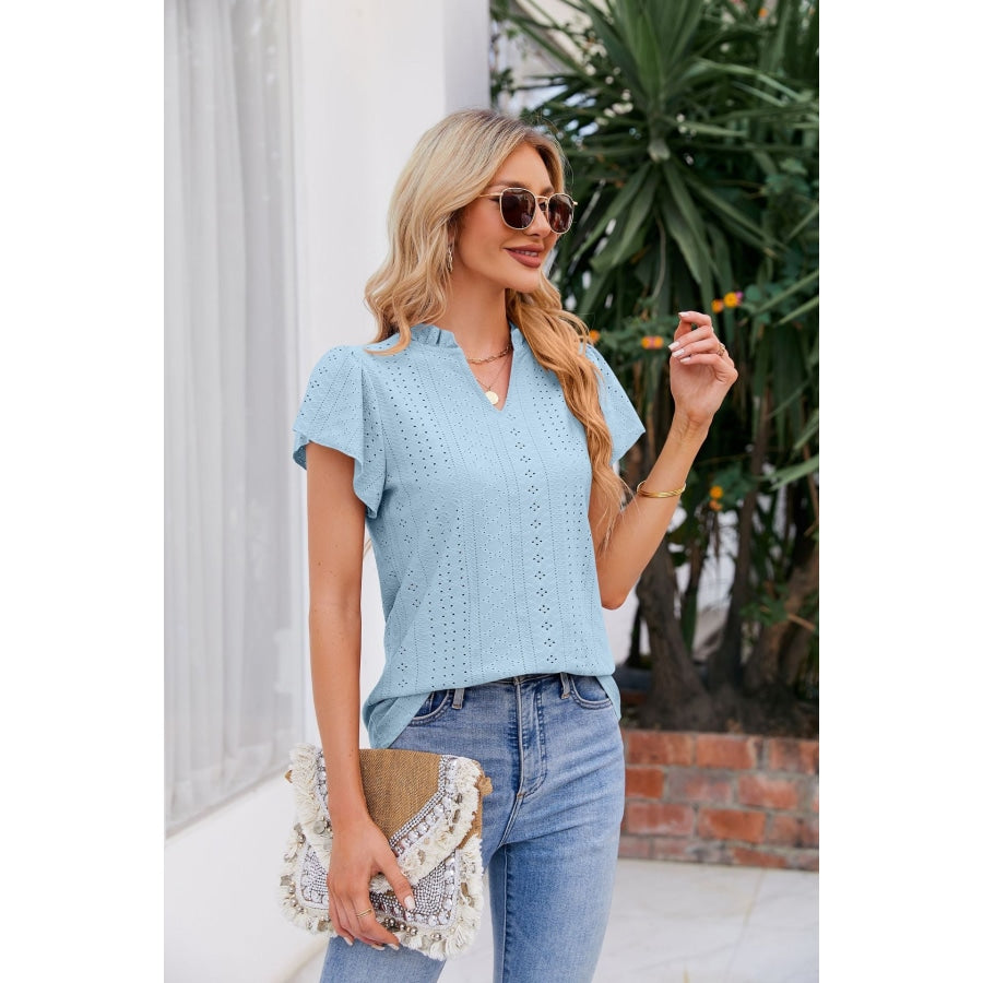 Notched Neck Puff Sleeve Blouse